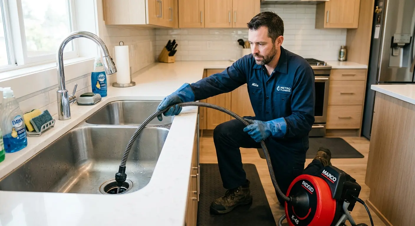 Drain cleaning technician using a motorized snake on a kitchen sink in Falmouth